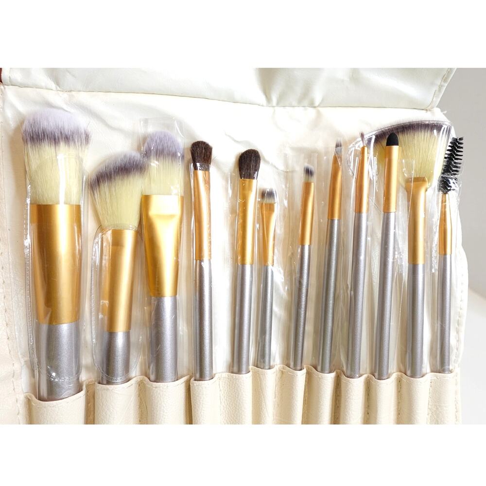 NEW 12 PCs MAKE UP BRUSHE Set with CREAM ROLL UP CASE